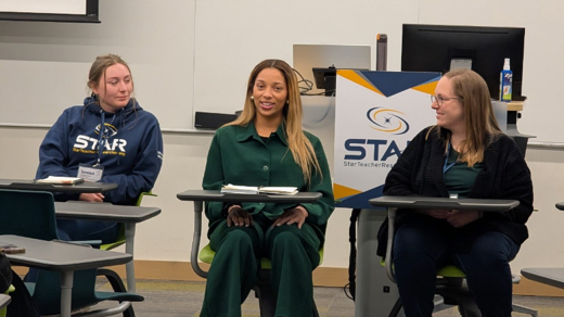 A panel of three people behind desks giving a presentation.